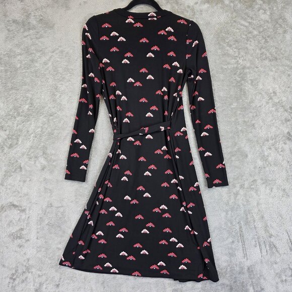 Ann Taylor Dress Womens 2 Black Floral Wrap V Neck Tie Waist Long Sleeve Jersey - Picture 5 of 12